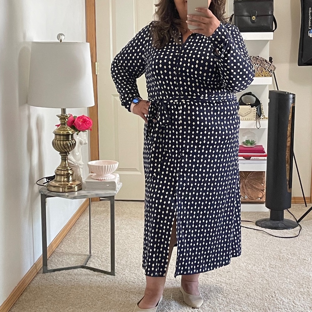 Eloquii Elements knit shirt dress with Ikat print